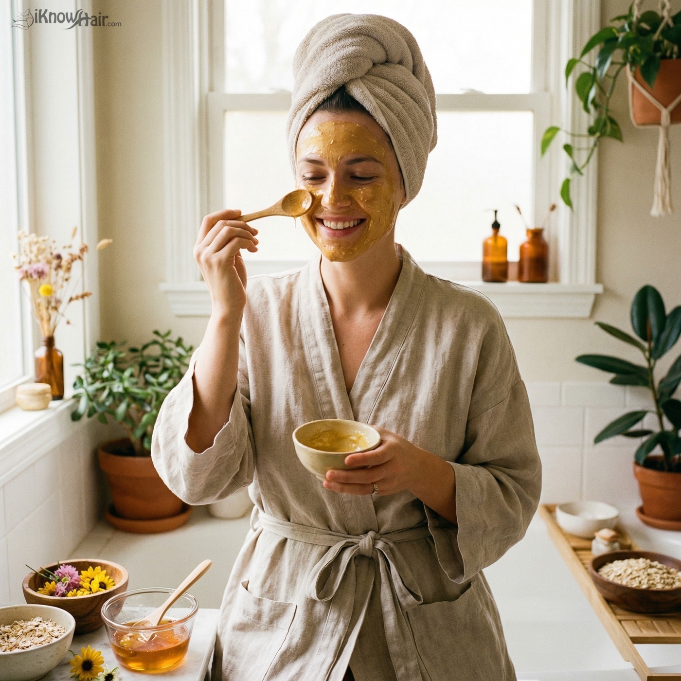 Woman applying homemade honey face mask
