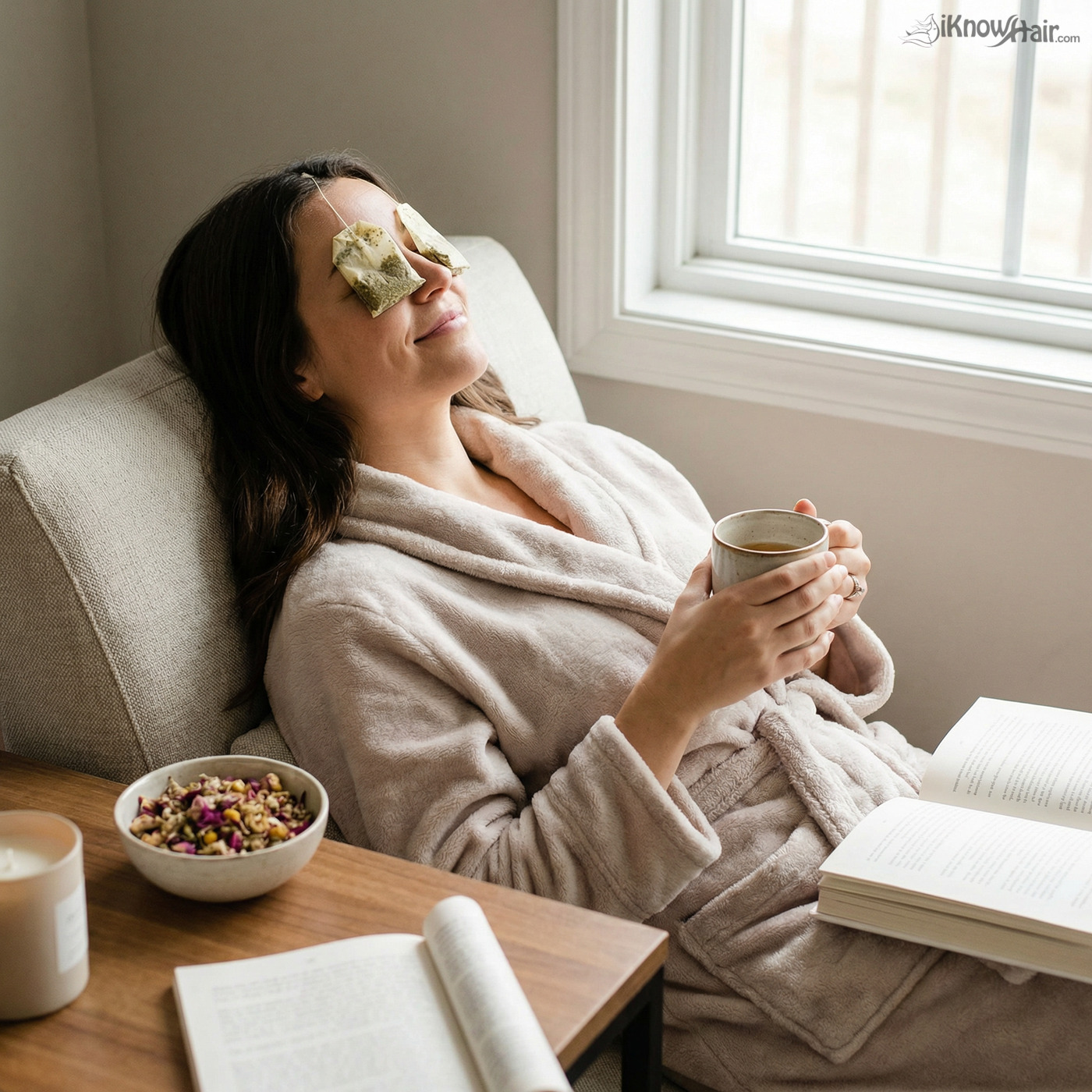 Woman relaxing with tea bags on eyes