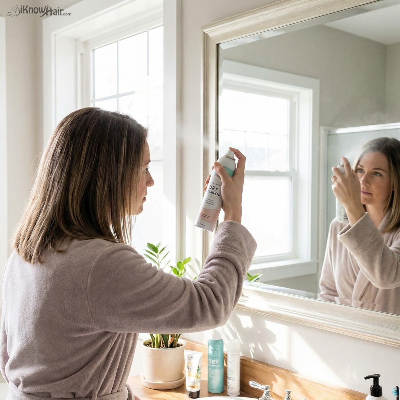Woman applying dry shampoo to hair roots