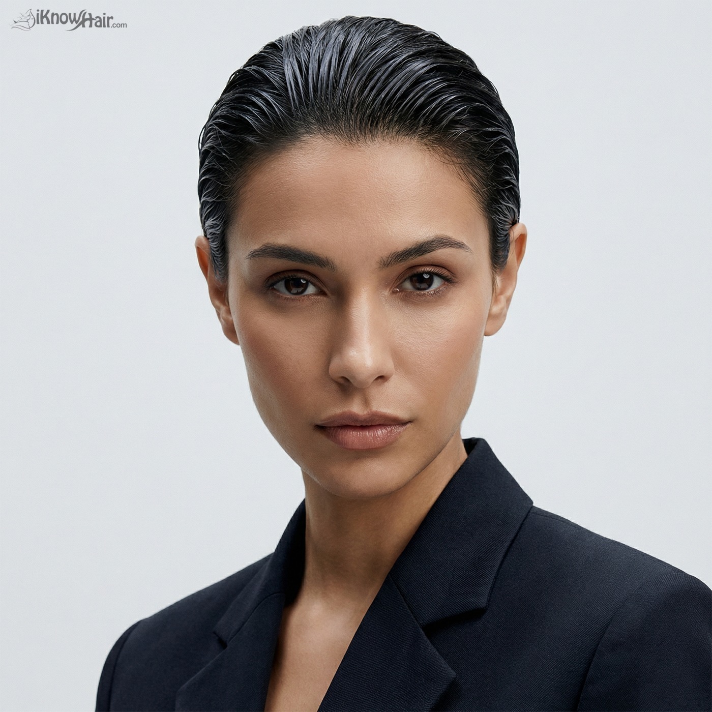 Woman with sleek slicked back hairstyle