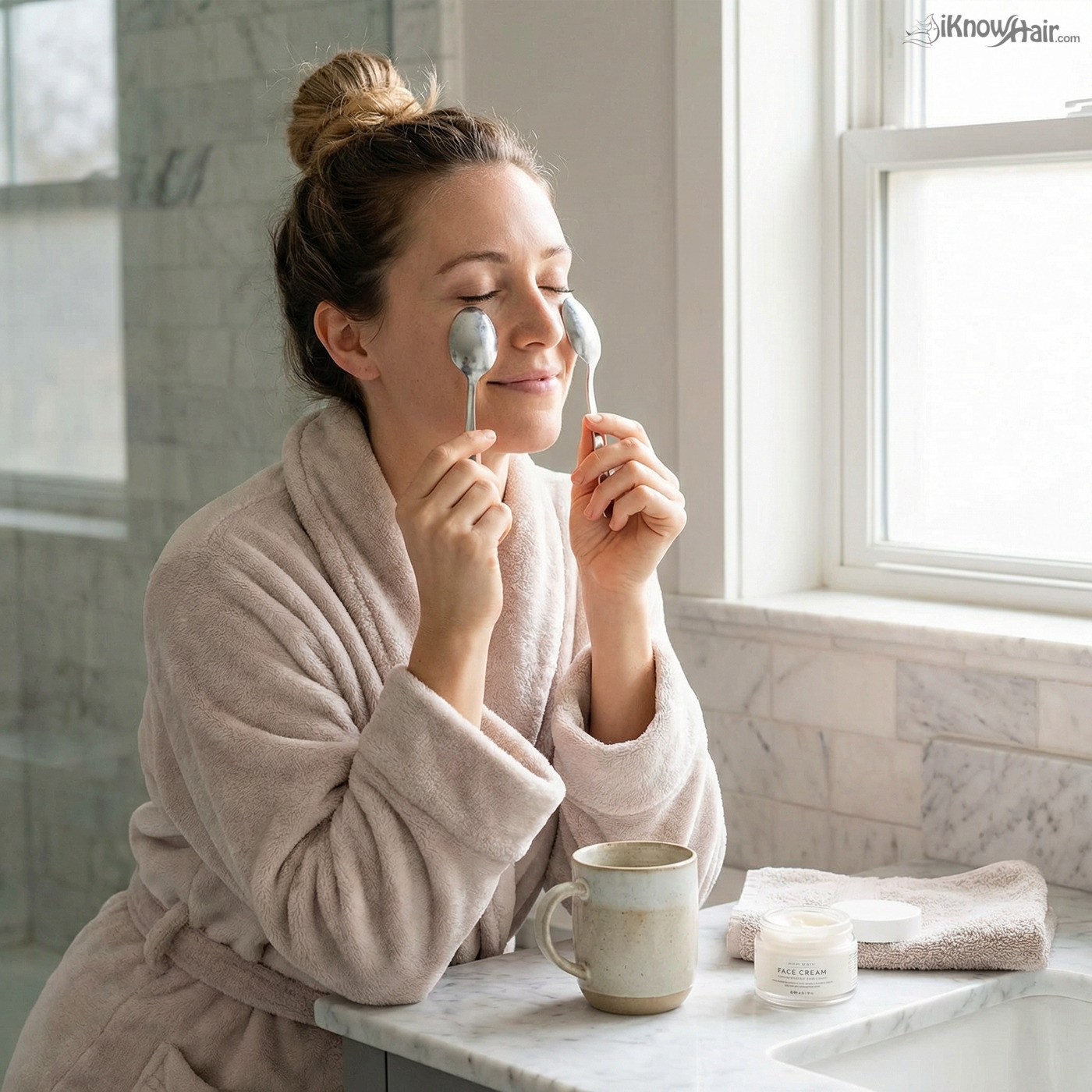 Woman holding cold spoons under eyes