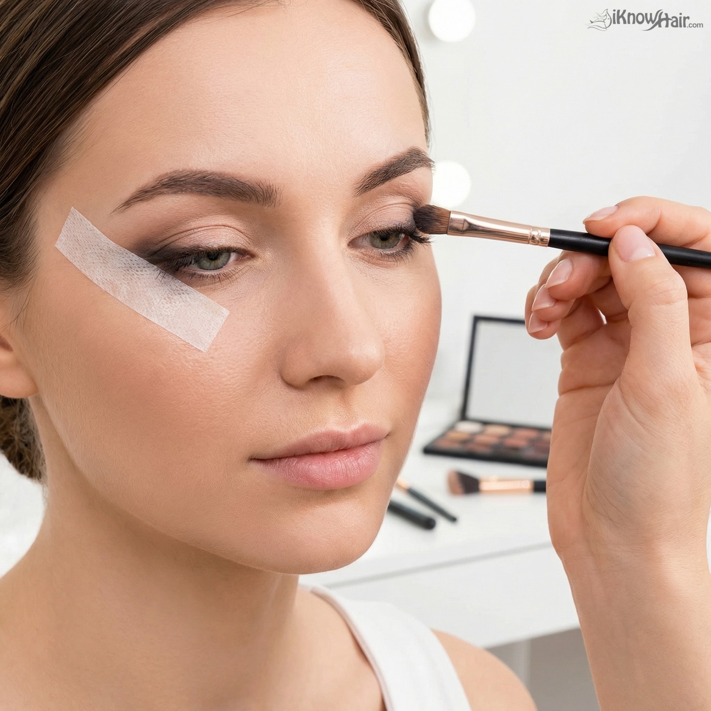 Woman with tape for sharp eyeshadow edge