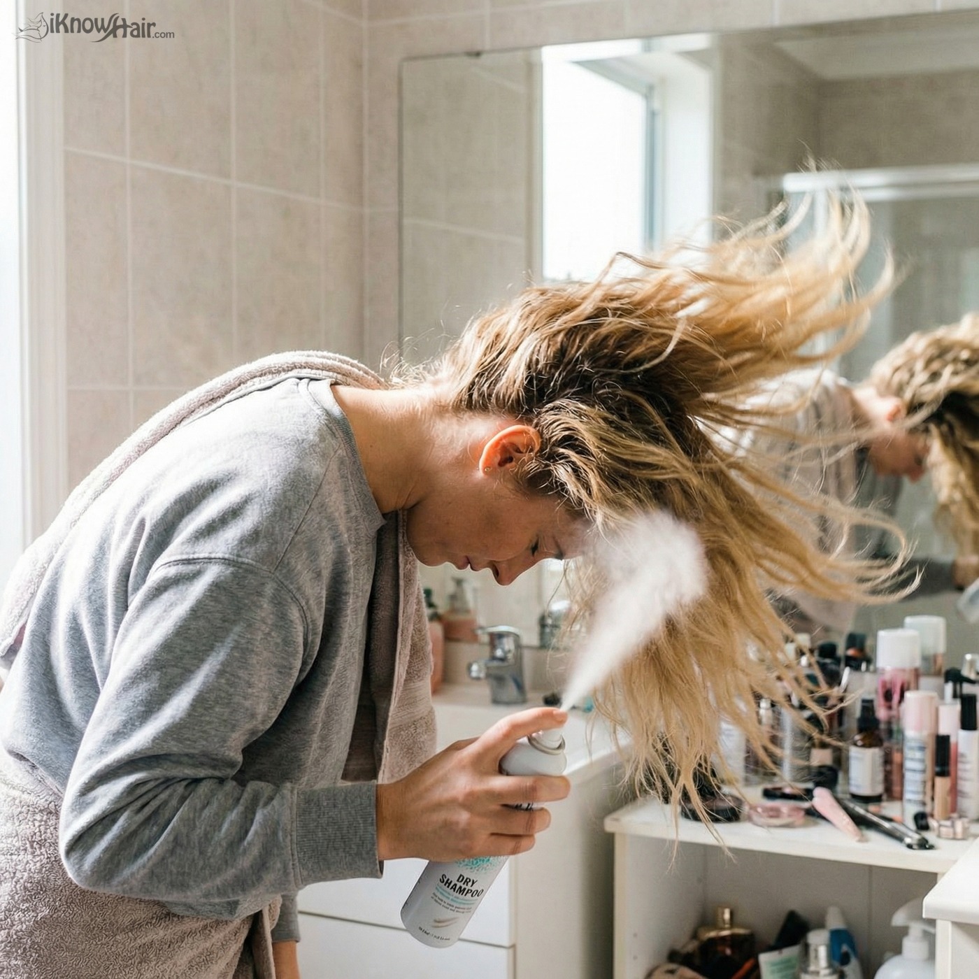 Woman flipping hair for dry shampoo volume
