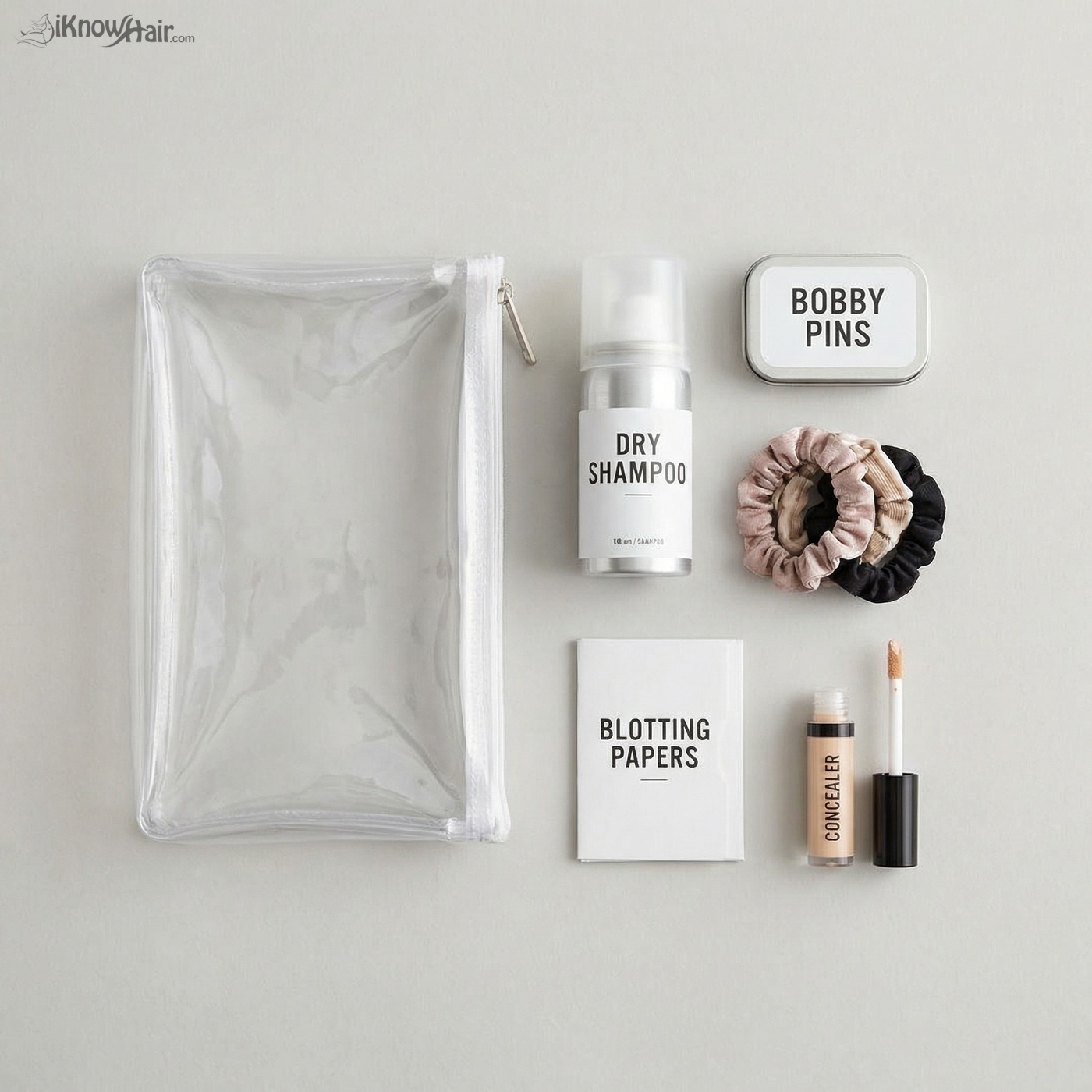 Mini beauty emergency kit items flatlay