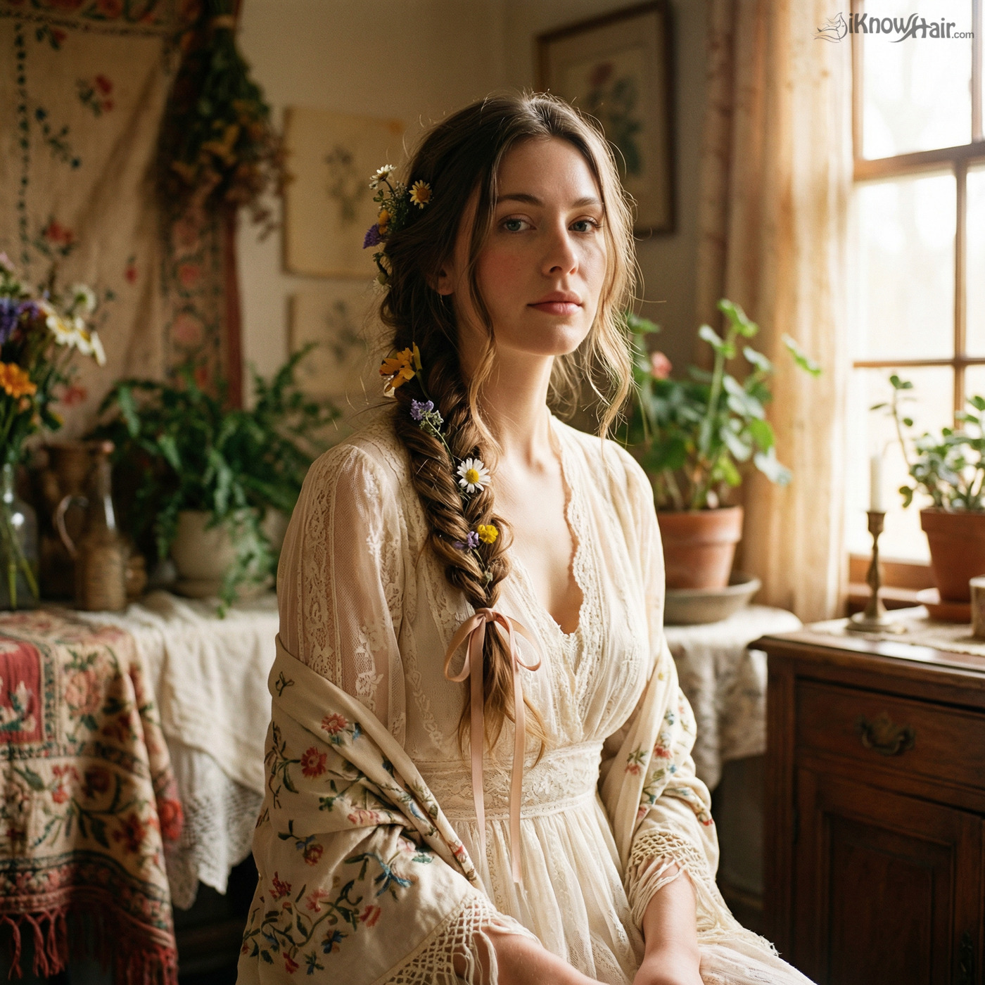 Loose fishtail braid over shoulder