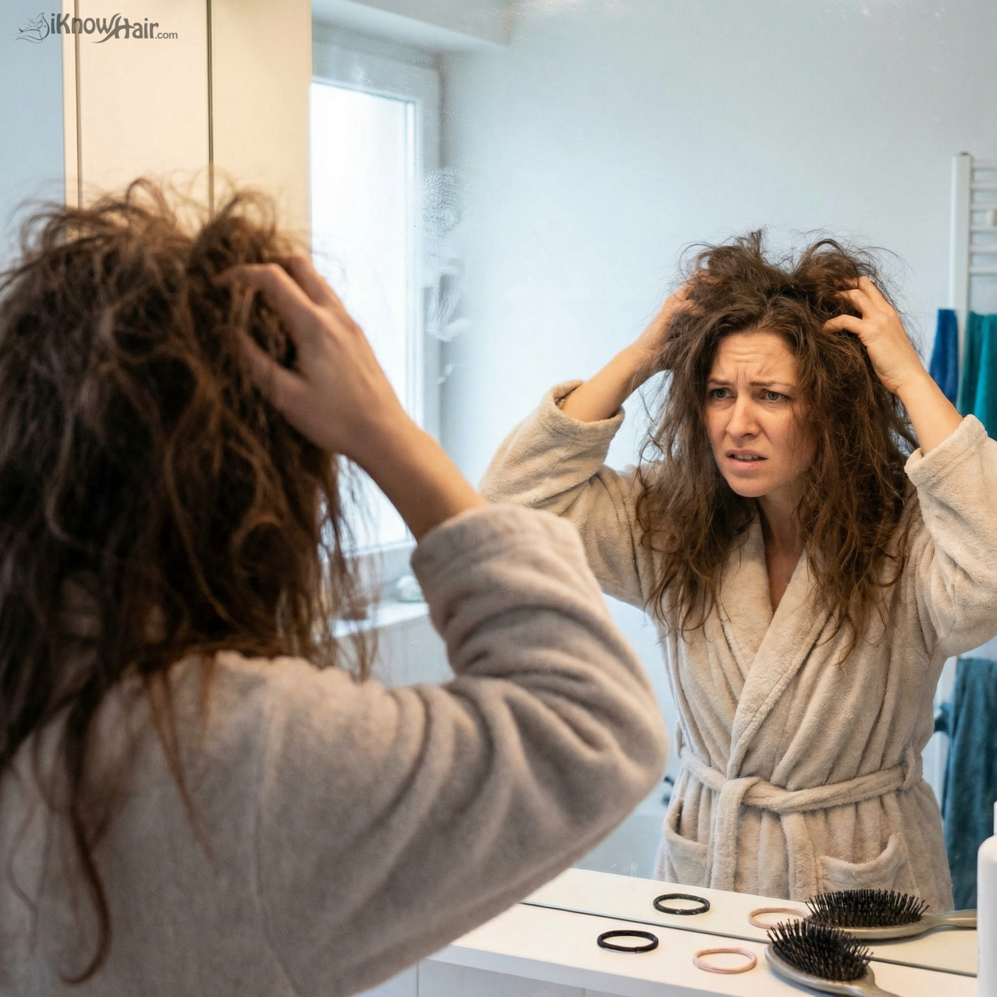 Woman fixing bad hair day with quick styling hack