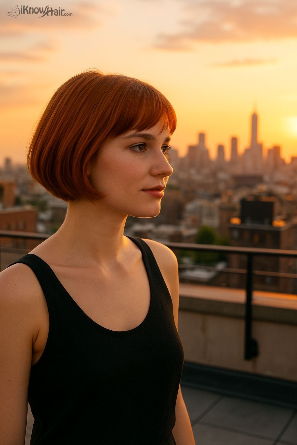 Copper red Italian bob haircut rooftop city skyline 2026