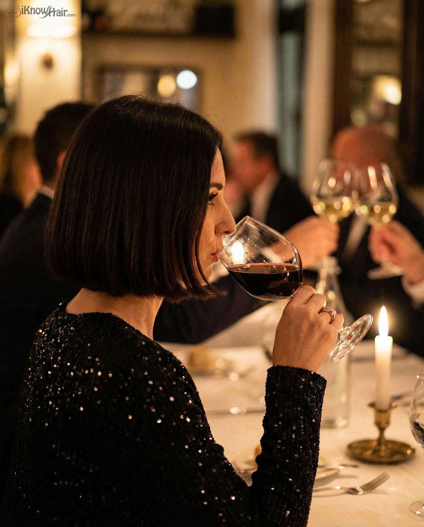 Italian bob side profile elegant dark hair candlelight 2026