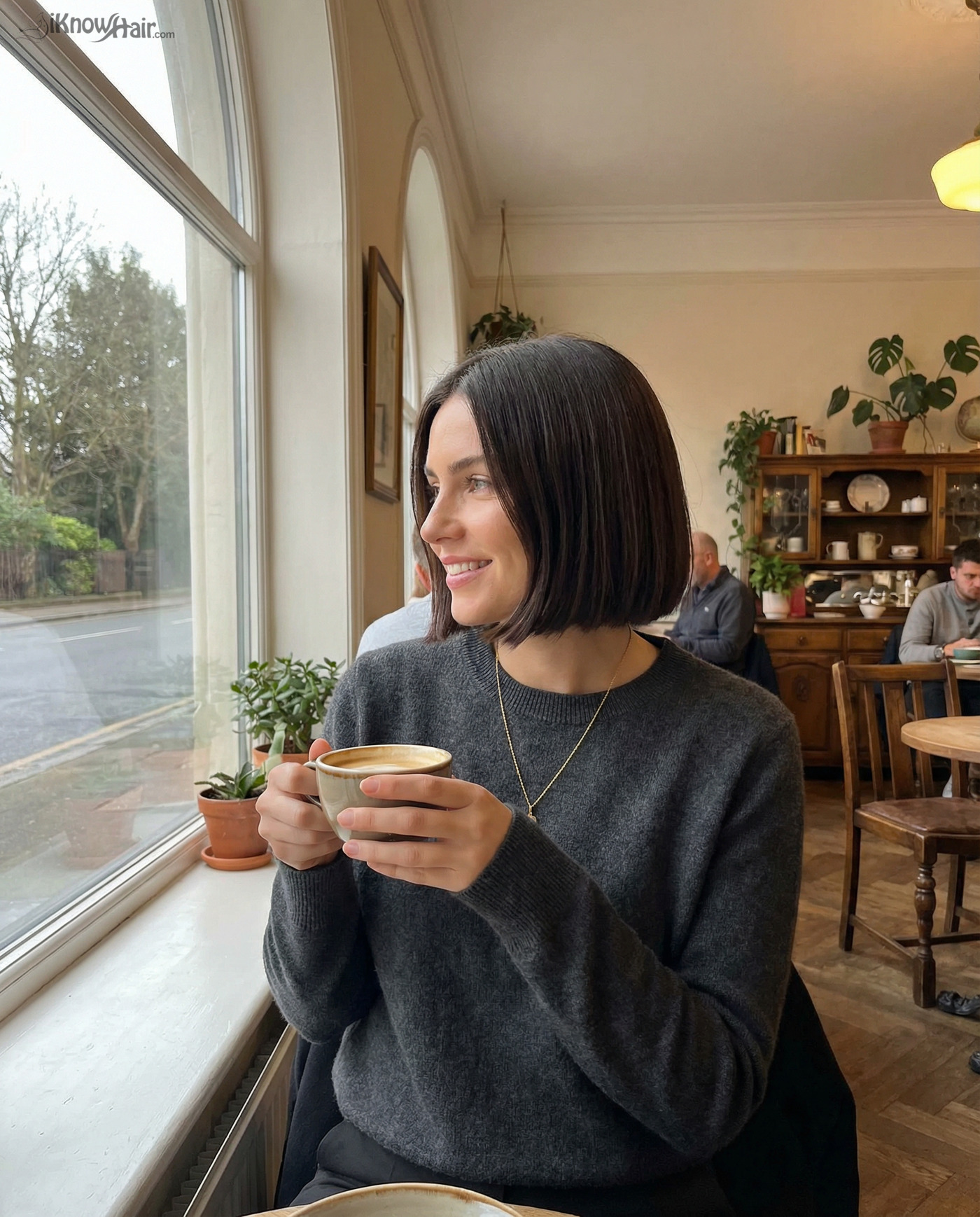Sleek Italian bob haircut brunette woman cafe 2026