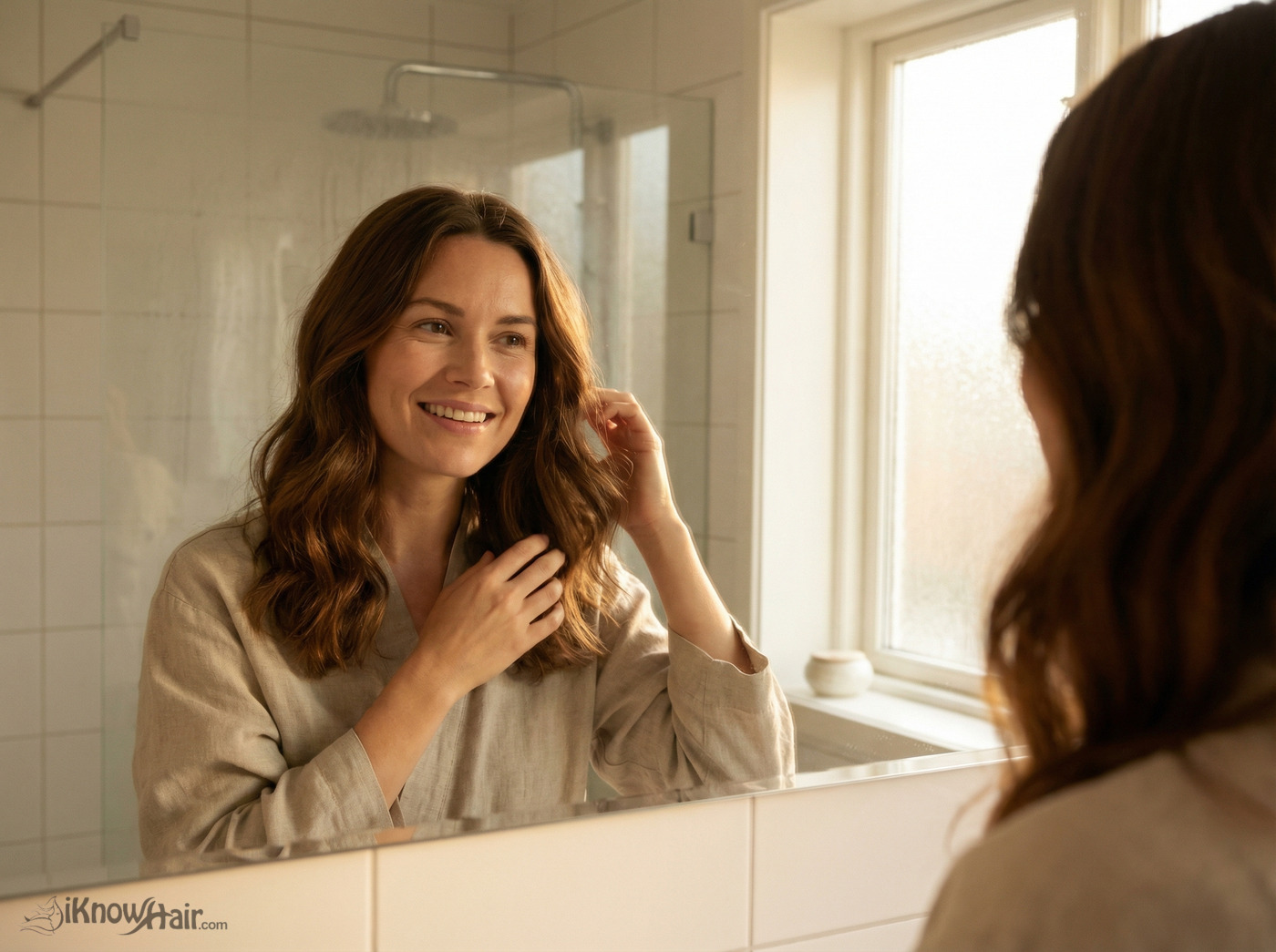 Woman with healthy normal hair type glossy shiny 2026