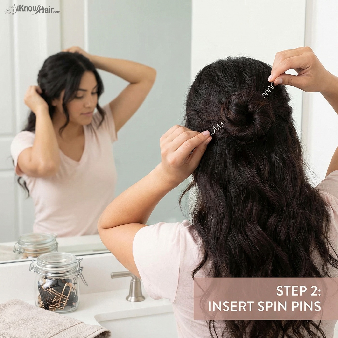 Woman creating hairstyle with spin pins