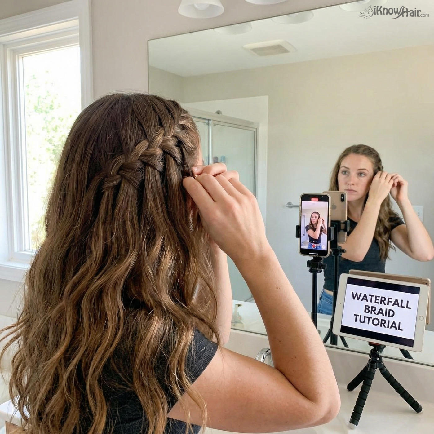 Woman creating waterfall braid tutorial