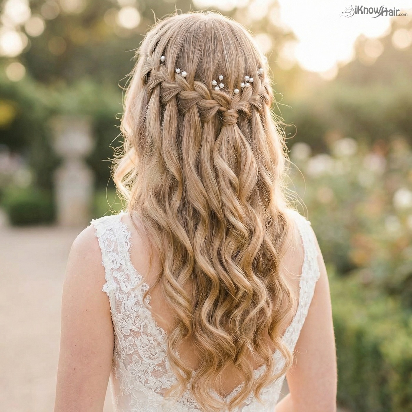 Waterfall braid with soft curls romantic style
